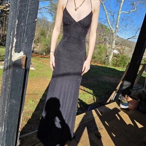 Black Beaded Stretchy Fitted Dress with V-Neck